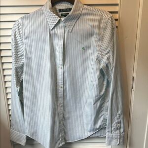 Ralph Lauren medium women’s button down shirt. Purple/green/white stripe.